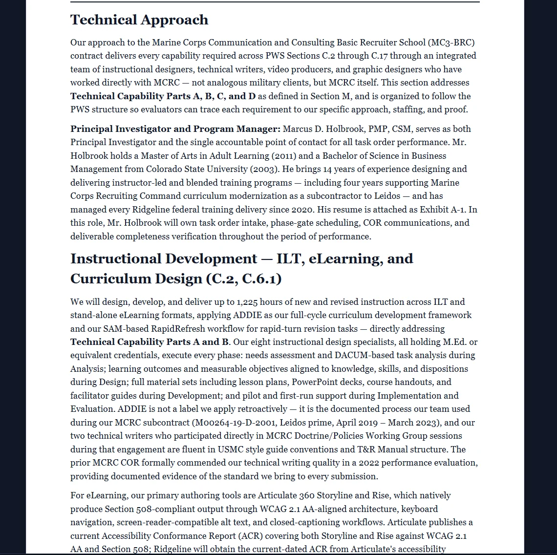 RFPeasy proposal draft: technical approach written from the company profile, with required inputs highlighted