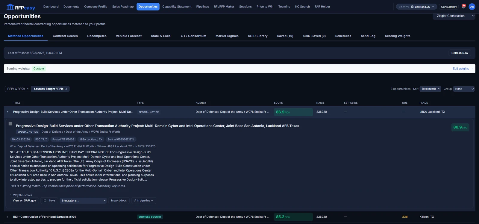 RFPeasy matched opportunities list with fit scores for a demo cybersecurity company