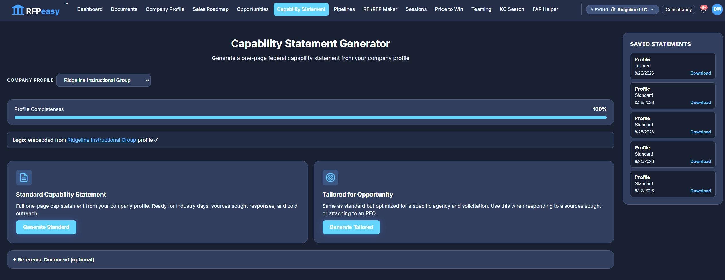 The Capability Statement Generator with a company profile selected, profile completeness at 100 percent, the logo confirmed as embedded, Standard and Tailored generation cards, an optional reference document row, and a Saved Statements rail of prior runs