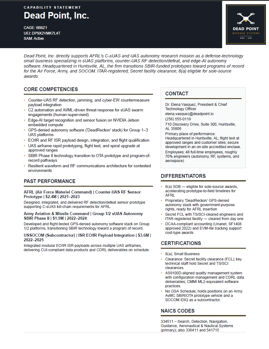 A generated federal capability statement one-pager: company name with CAGE, UEI and SAM status in the masthead, embedded logo, positioning paragraph, core competencies, past performance with contract values and years, contact block, differentiators, certifications and NAICS codes