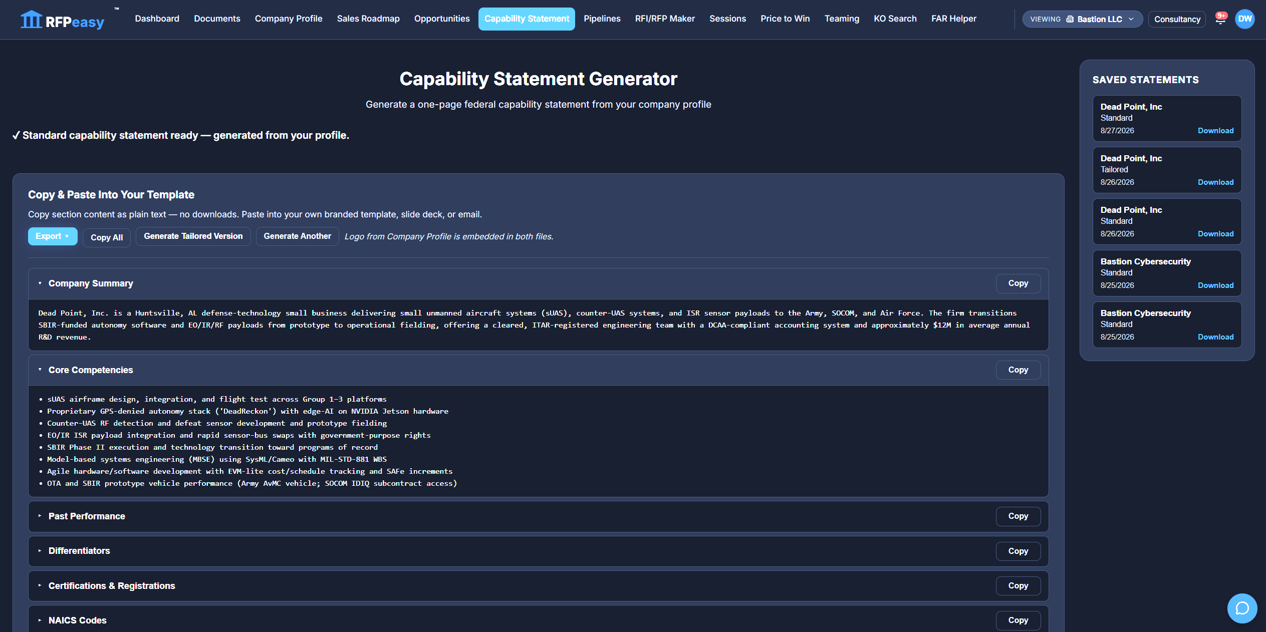 A generated capability statement broken into copyable sections: Company Summary and Core Competencies expanded to their drafted text, Past Performance, Differentiators, Certifications and NAICS collapsed, each with a Copy button, above an Export control, Copy All, Generate Tailored Version and Generate Another