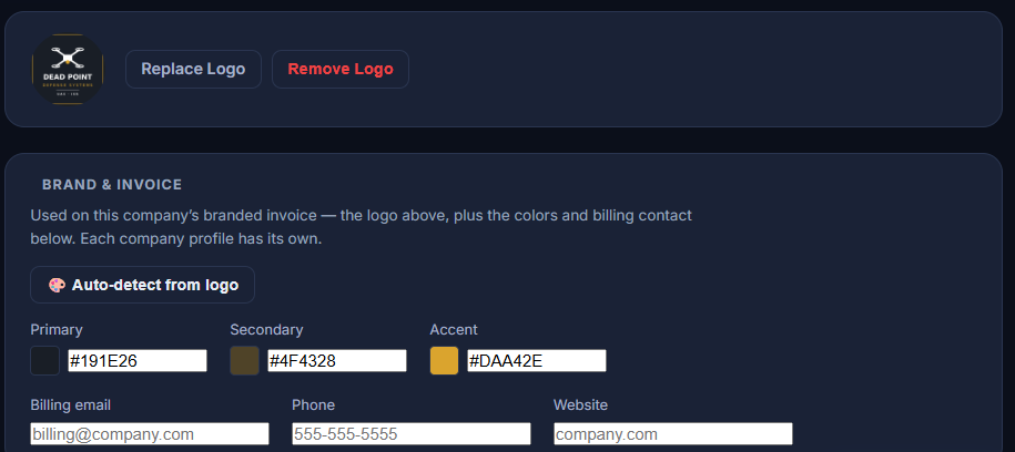 The profile branding panel: company logo controls and the Brand & Invoice card with auto-detect from logo and primary, secondary and accent brand colors