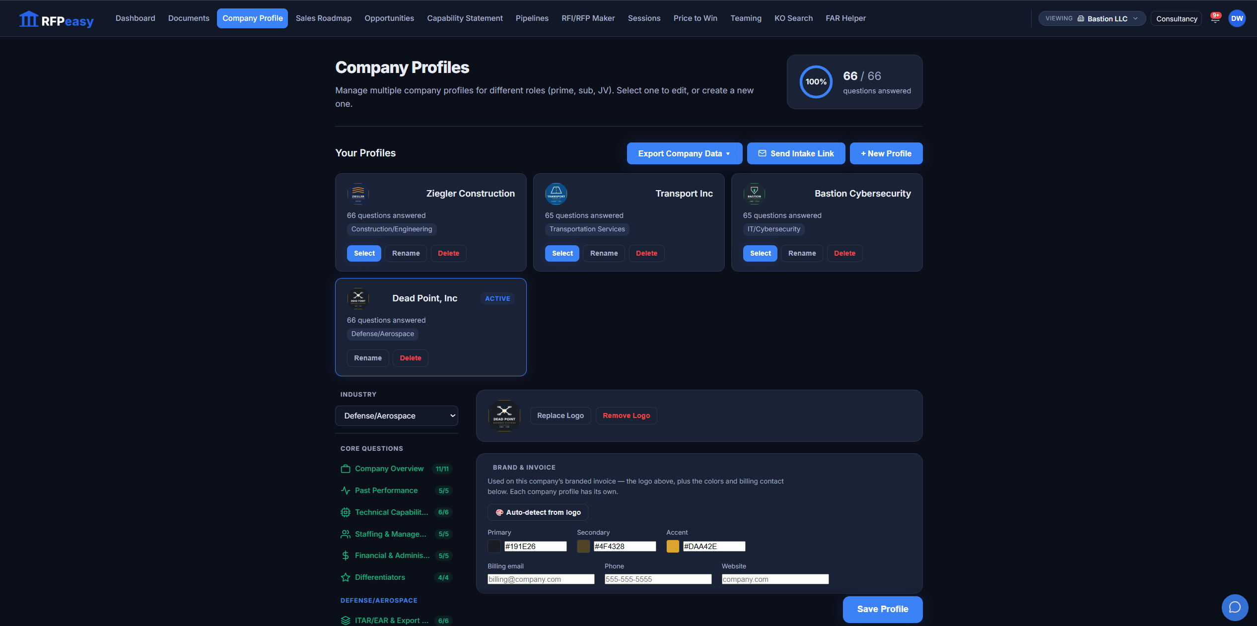 The Company Profiles screen managing four client companies, each with its own industry, completion count, logo and brand colors, with Send Intake Link and Export Company Data actions