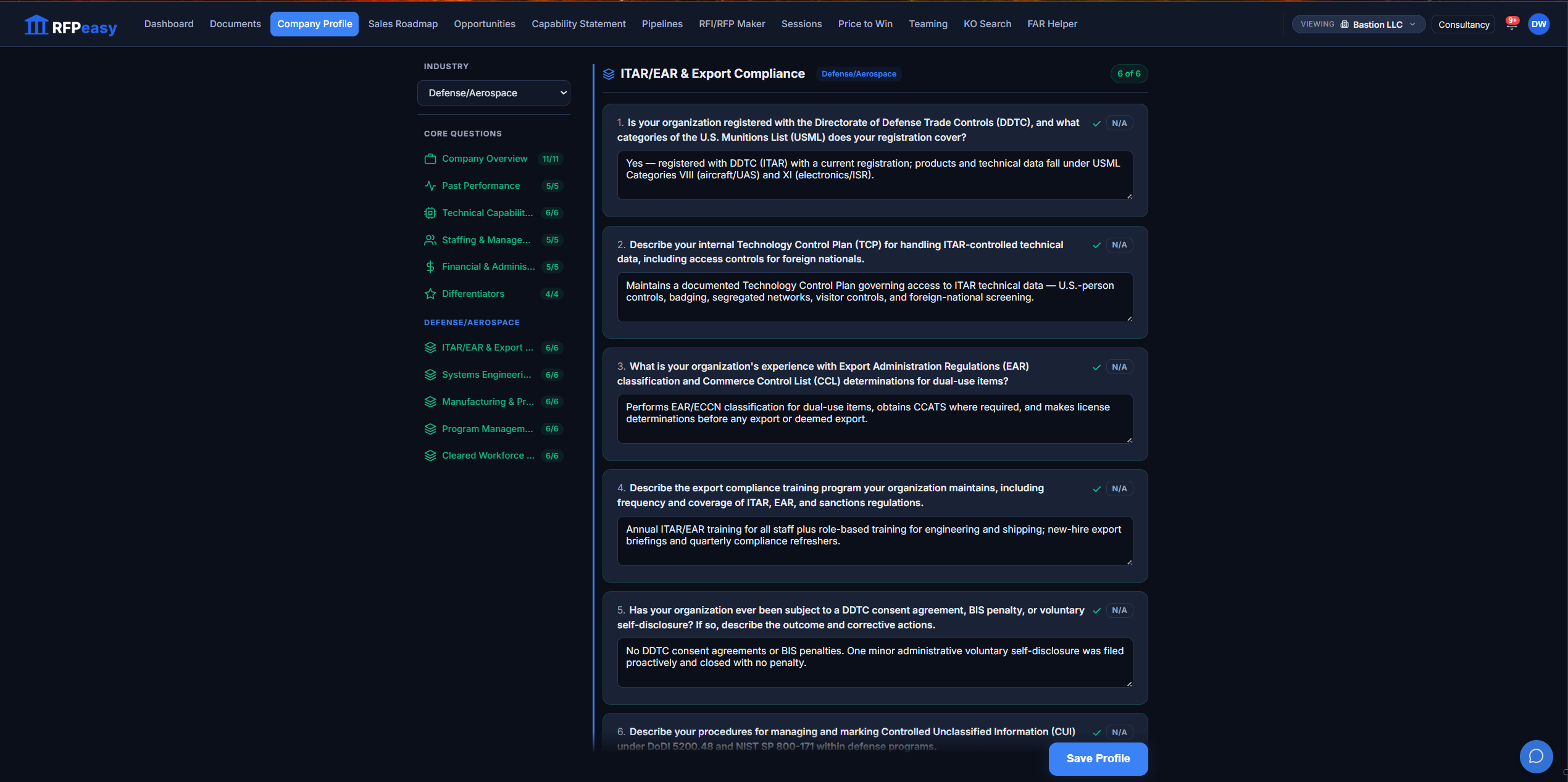 A Company Profile open on its ITAR/EAR & Export Compliance section, with the sidebar of core categories (Company Overview, Past Performance, Technical Capabilities, Staffing, Financial, Differentiators) and Defense/Aerospace industry sections, each showing its completion count