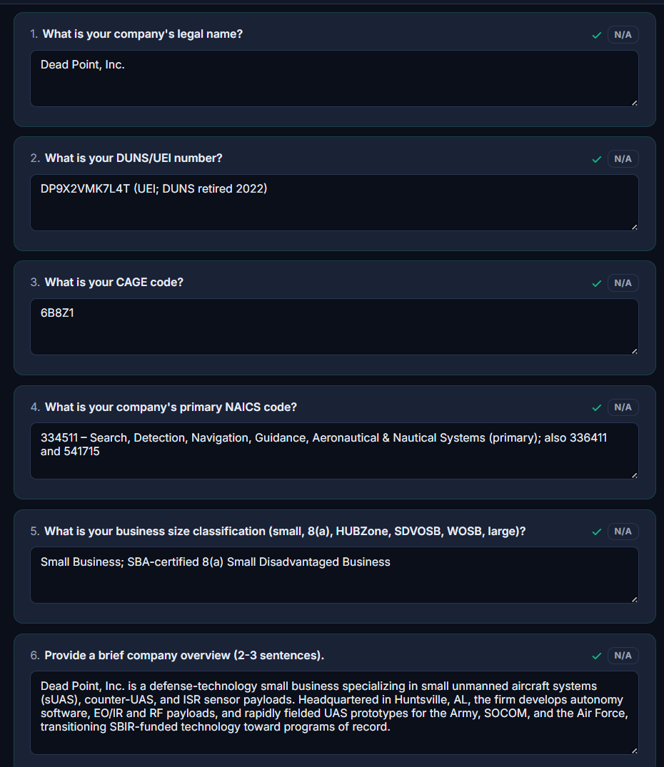 The Company Overview questions (legal business name, UEI, CAGE code, primary NAICS, size classification and company overview) answered once and reused everywhere