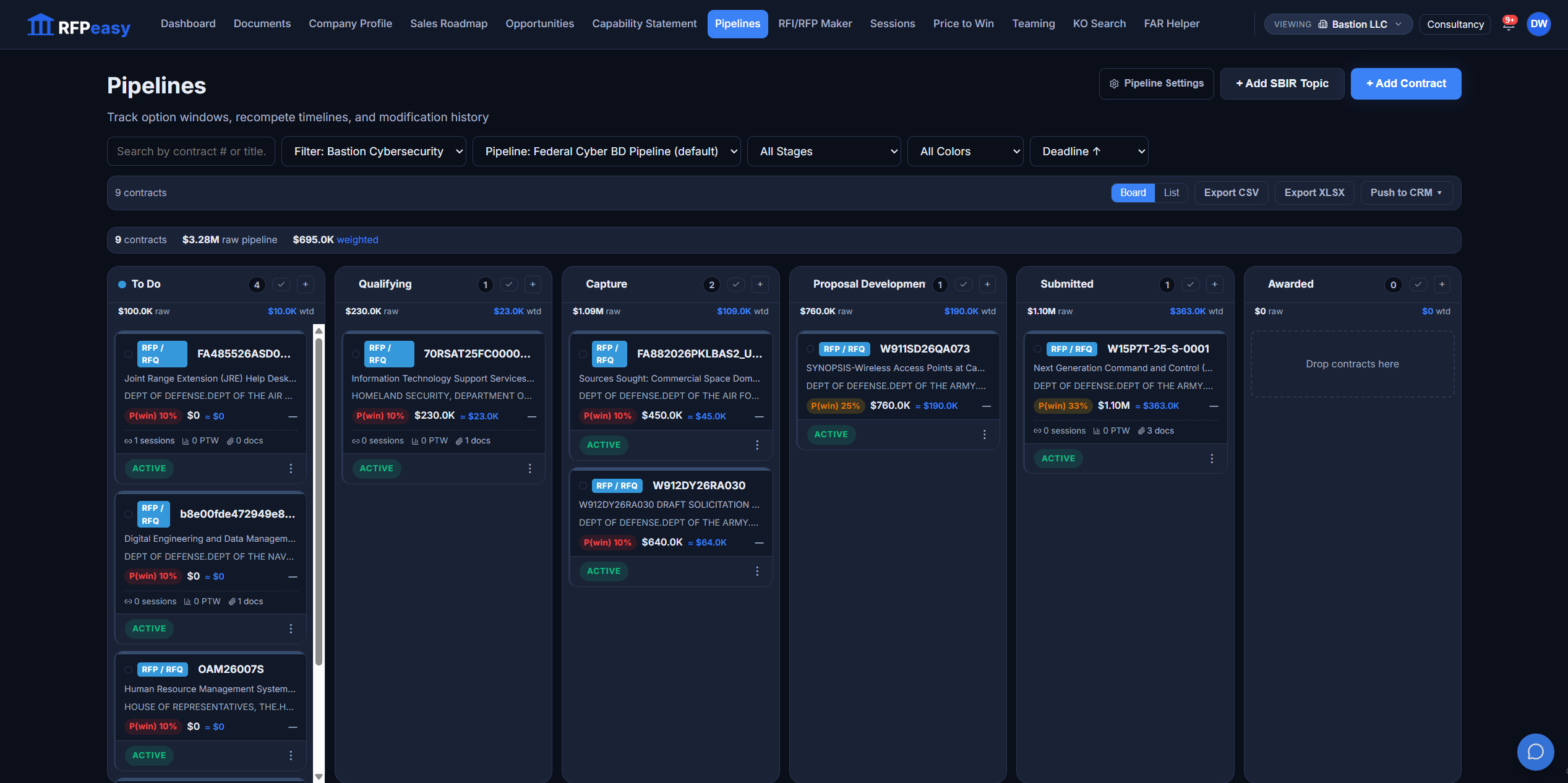 The full pipeline board: every pursuit staged from To Do through Awarded, with raw and weighted pipeline totals, per-card win probability, and Export CSV, Export XLSX and Push to CRM controls in one view