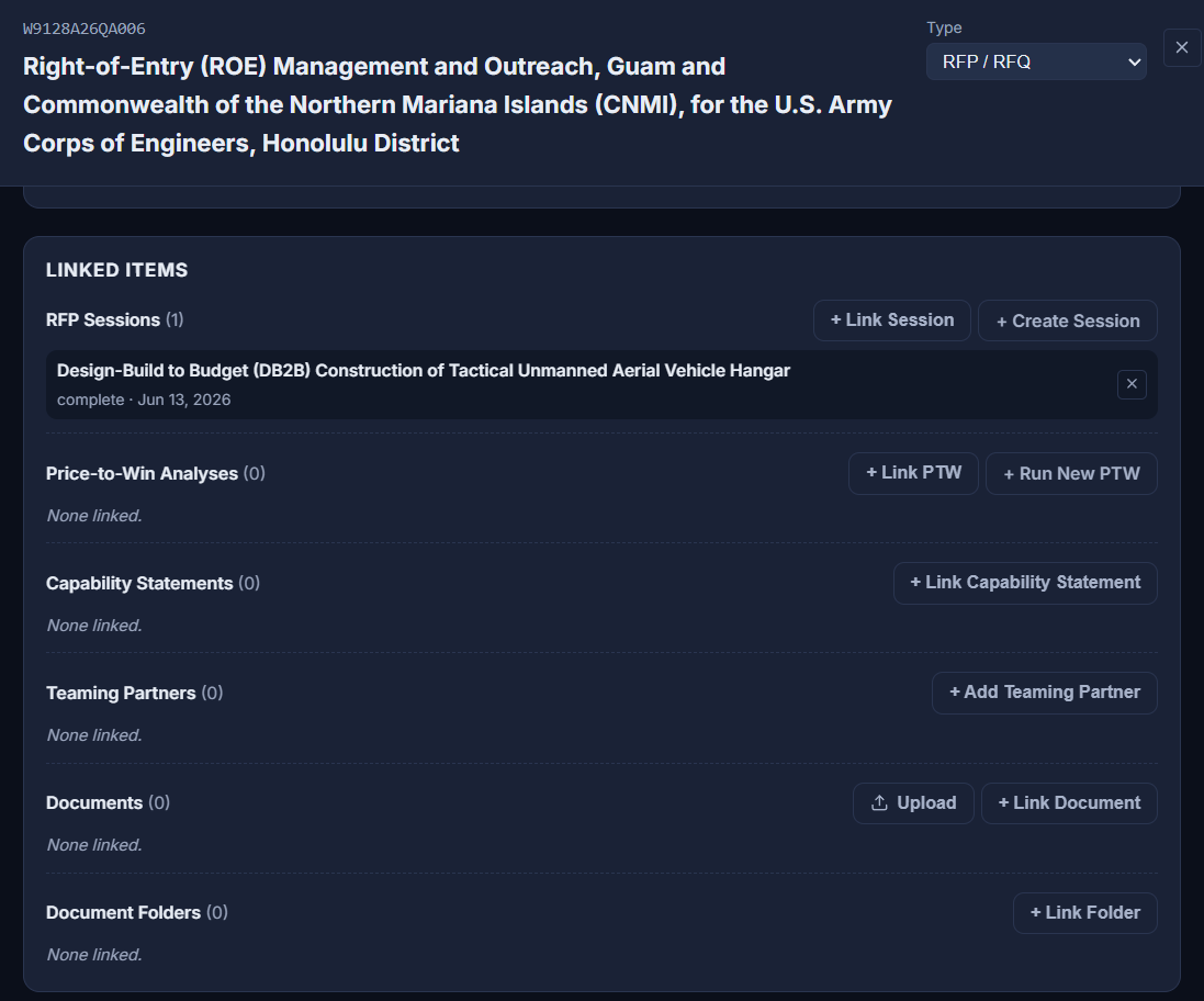 The Linked Items panel on a pursuit: sessions, Price-to-Win runs, capability statements, teaming partners, documents and folders, each with create and link actions