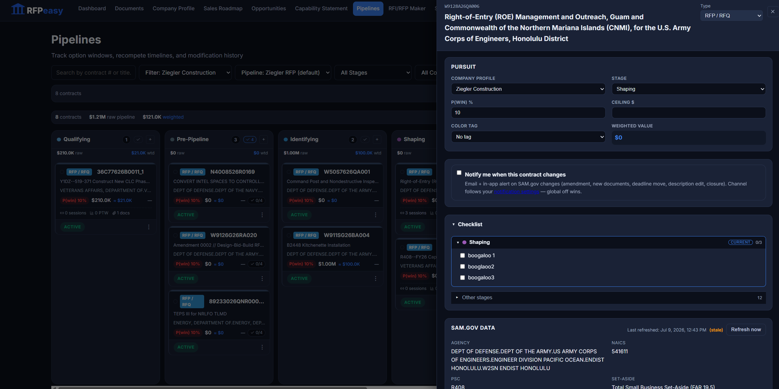 A pursuit opened in its drawer: stage, win probability, ceiling and weighted value, SAM.gov change alerts, the stage checklist, and the SAM data panel with refresh
