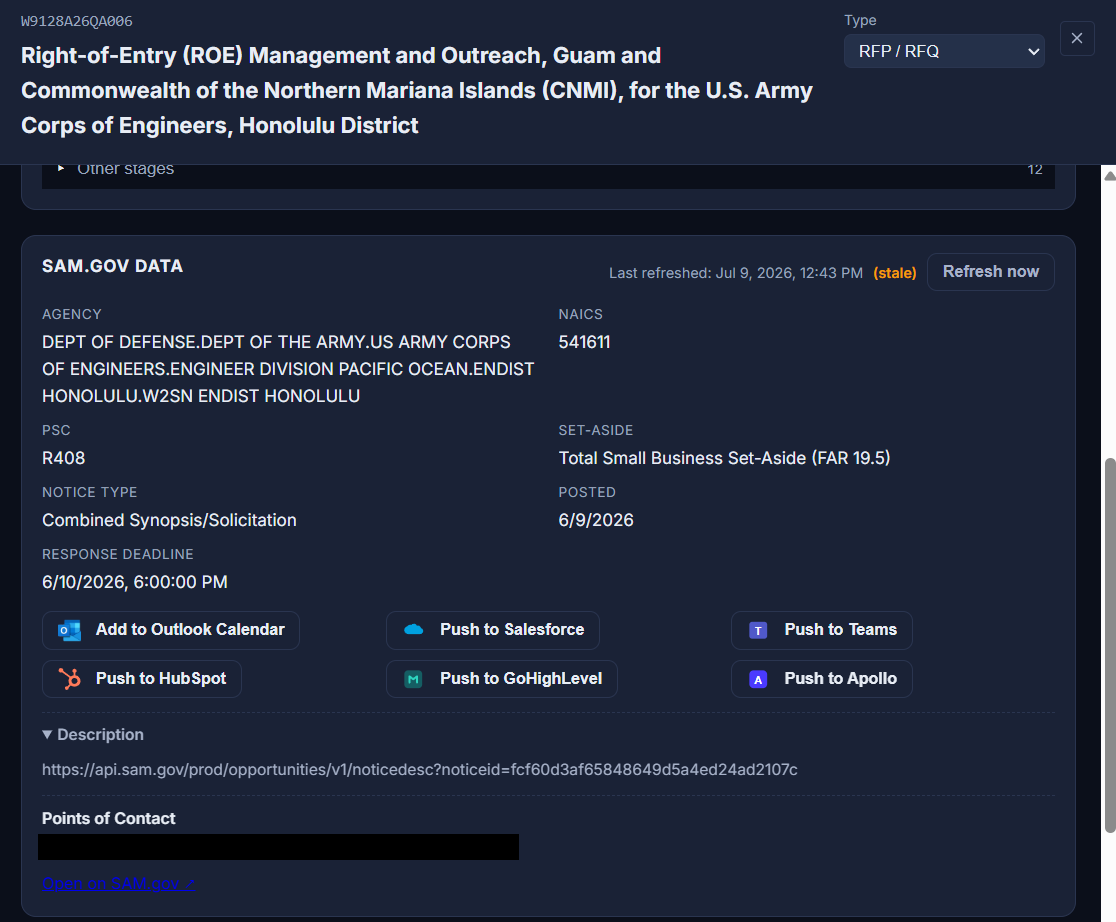 The SAM.gov data panel on a pursuit, with agency, NAICS, PSC, set-aside, notice type, posted date and response deadline, a last-refreshed stamp with a refresh control, and one-click push buttons for Outlook Calendar, Salesforce, Teams, HubSpot, GoHighLevel and Apollo, contact line redacted