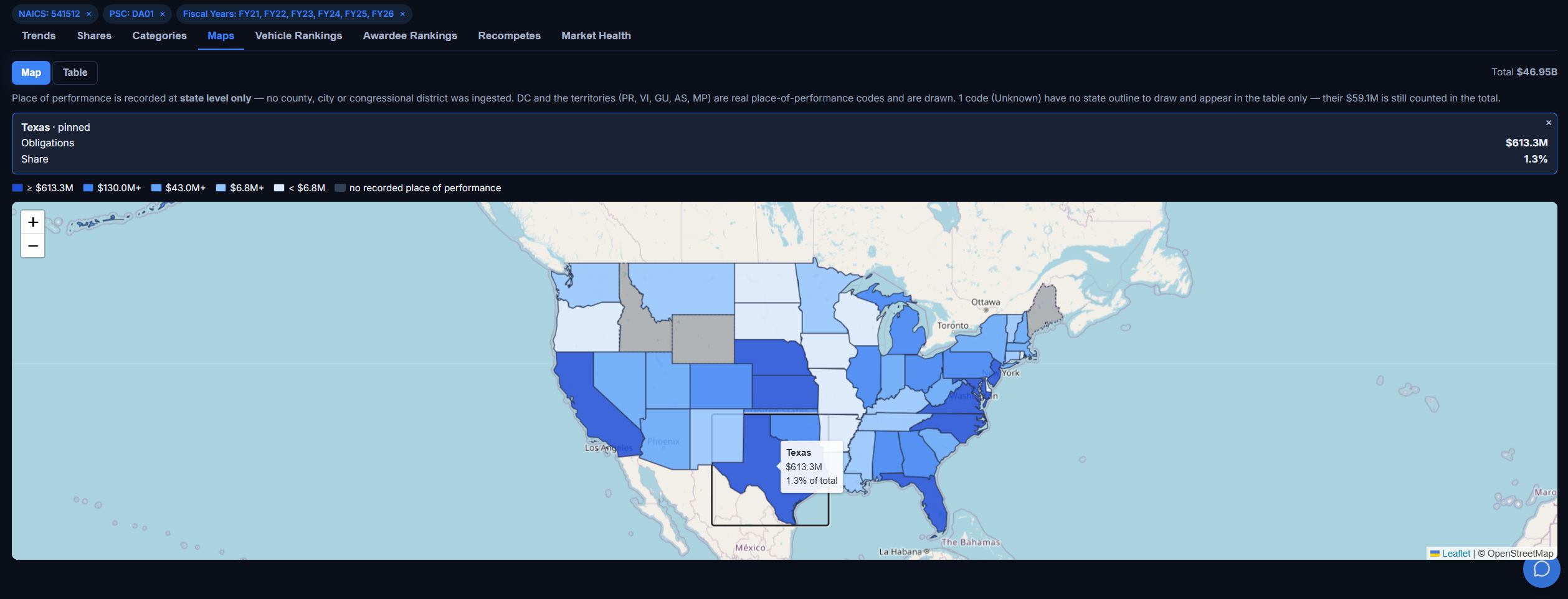 A US map of one federal market shaded by place-of-performance dollars, with a state pinned showing exact obligations and share