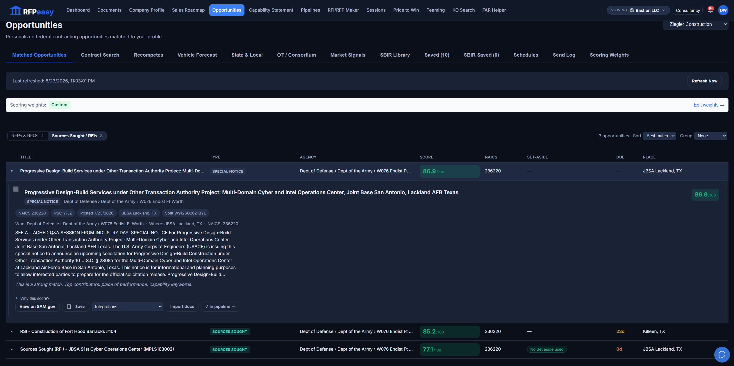The Matched Opportunities list with the full tab row (Contract Search, Recompetes, Vehicle Forecast, State & Local, OT/Consortium, Market Signals, SBIR Library) and one opportunity expanded to show its score, why it matched, and its row actions