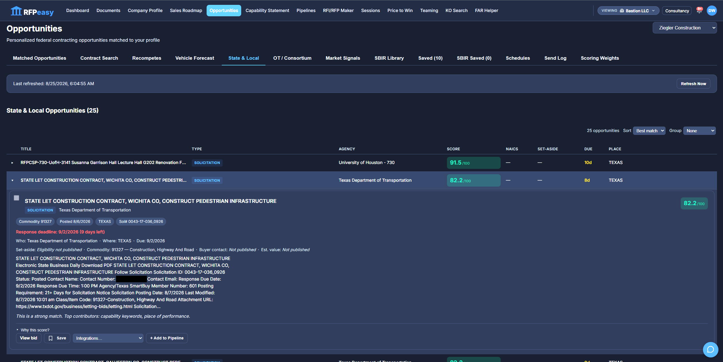 An expanded opportunity row showing the score explanation and the one-click Add to Pipeline action beside Save and View bid