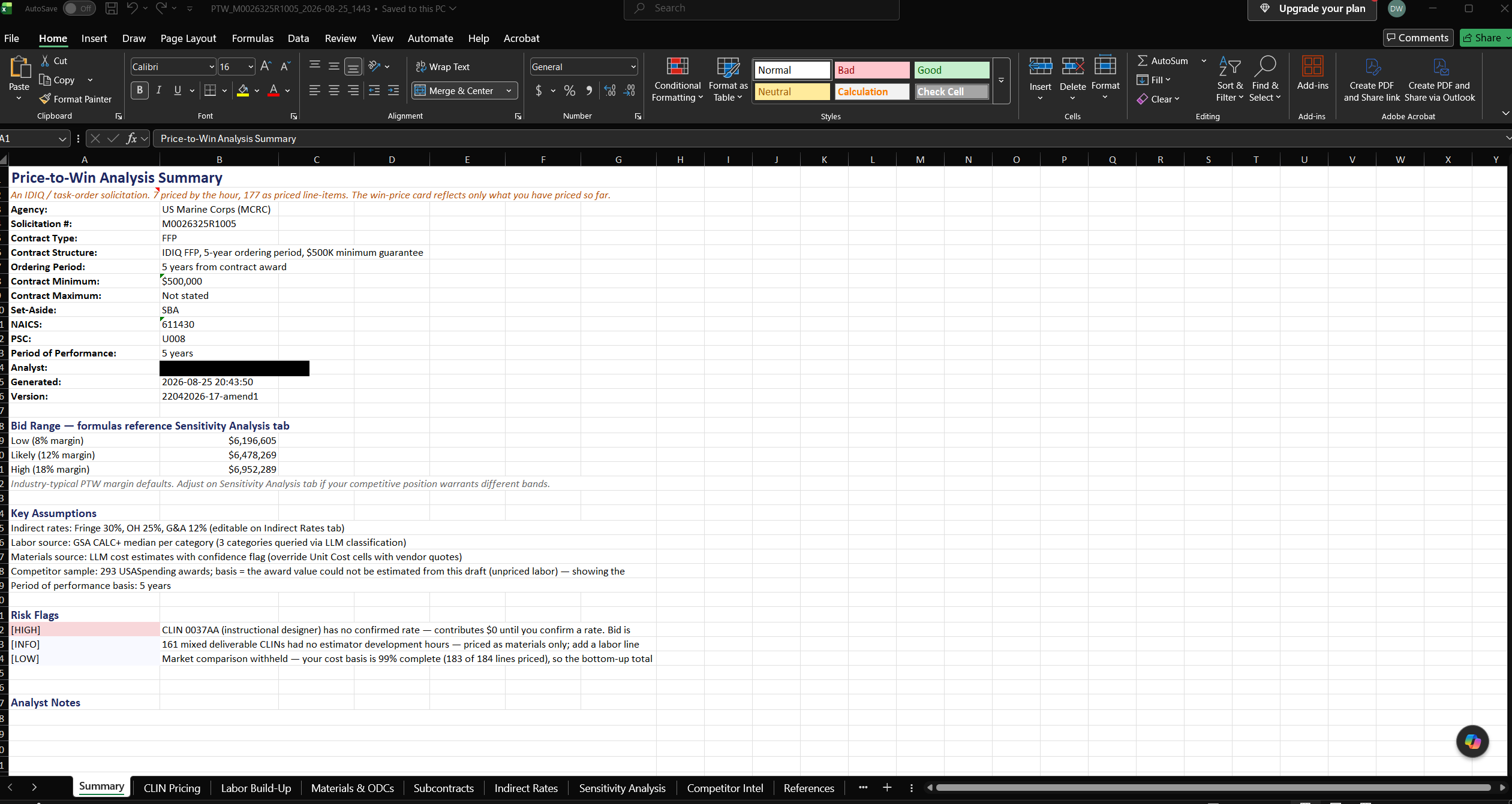 The exported Price-to-Win workbook in Excel: the Summary tab with the bid range, and all nine tabs along the bottom of the sheet