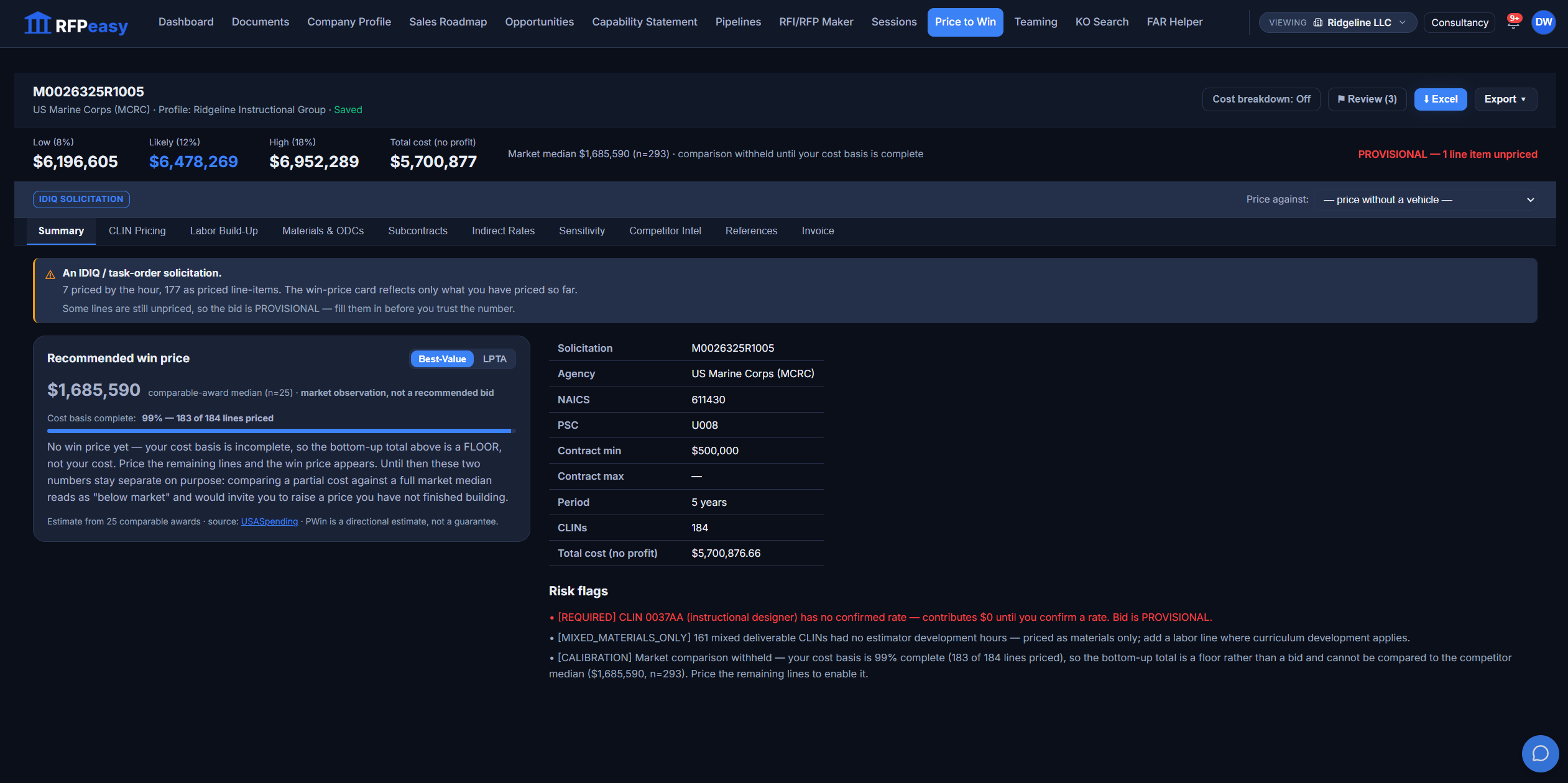A finished Price-to-Win analysis: the bid range with a recommended win price, flagged risks, and the nine-tab Excel workbook download