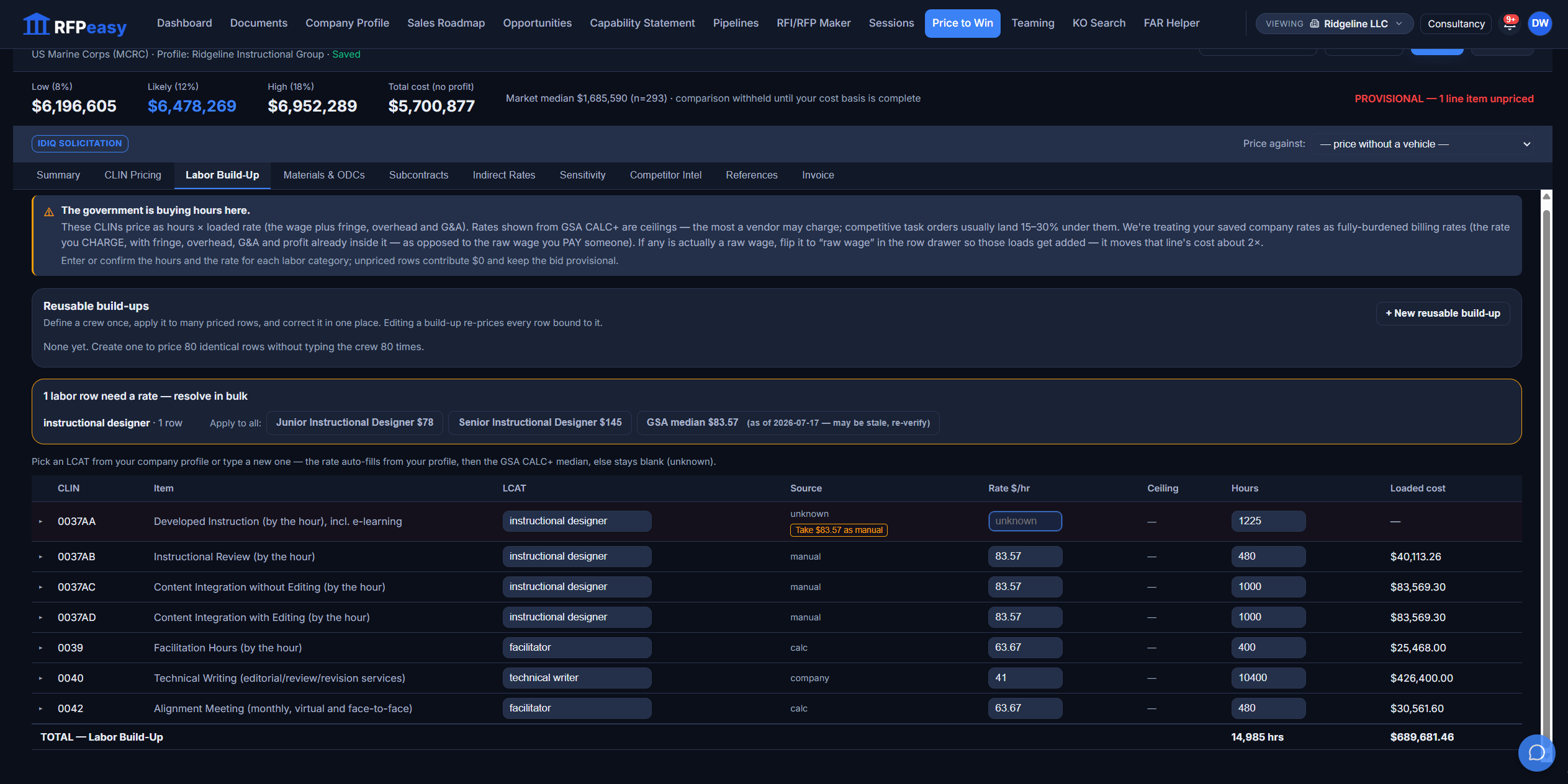 The Labor Build-Up tab: labor rows with per-row rate sources (company profile, GSA CALC+ median, manual), a bulk resolve bar for missing rates, and loaded cost per line