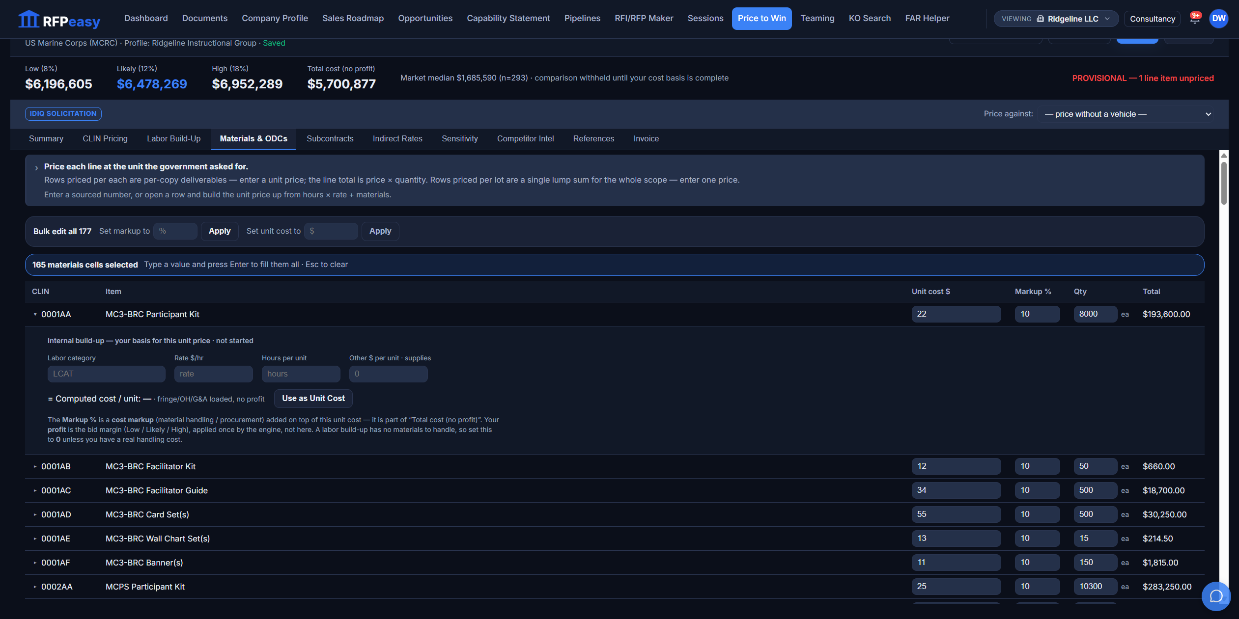 The Materials and ODCs tab: bulk editing across 177 lines, multi-select fill, and a per-row internal unit-cost build-up