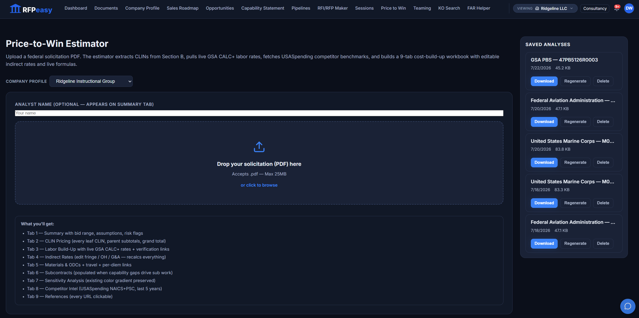 The Price-to-Win start screen: solicitation upload, company profile selector, the what-you-get list, and the Saved Analyses sidebar with download and regenerate actions