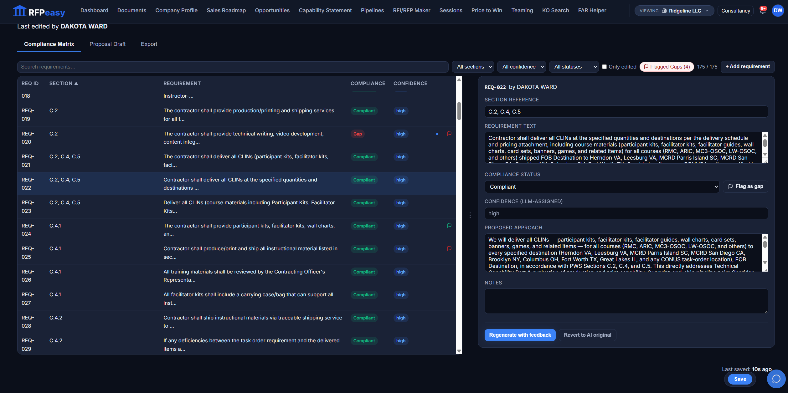The Compliance Matrix: 175 extracted requirements with section references, compliance status, confidence and flagged gaps, one open in the per-requirement editor with its proposed approach