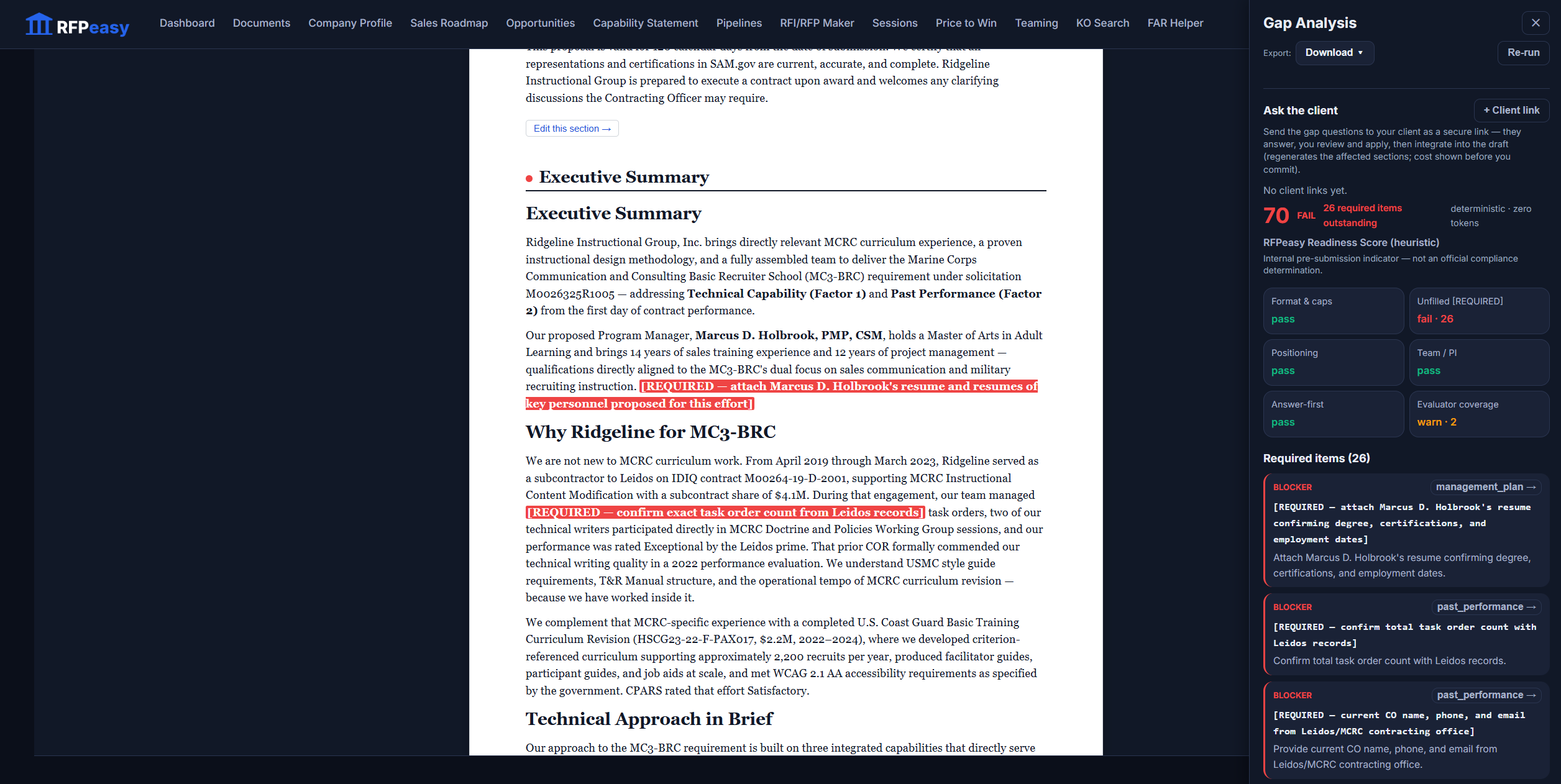 The Gap Analysis panel: a readiness score of 70 marked FAIL, 26 required items outstanding, six category tiles, and blocker cards naming exactly what is missing