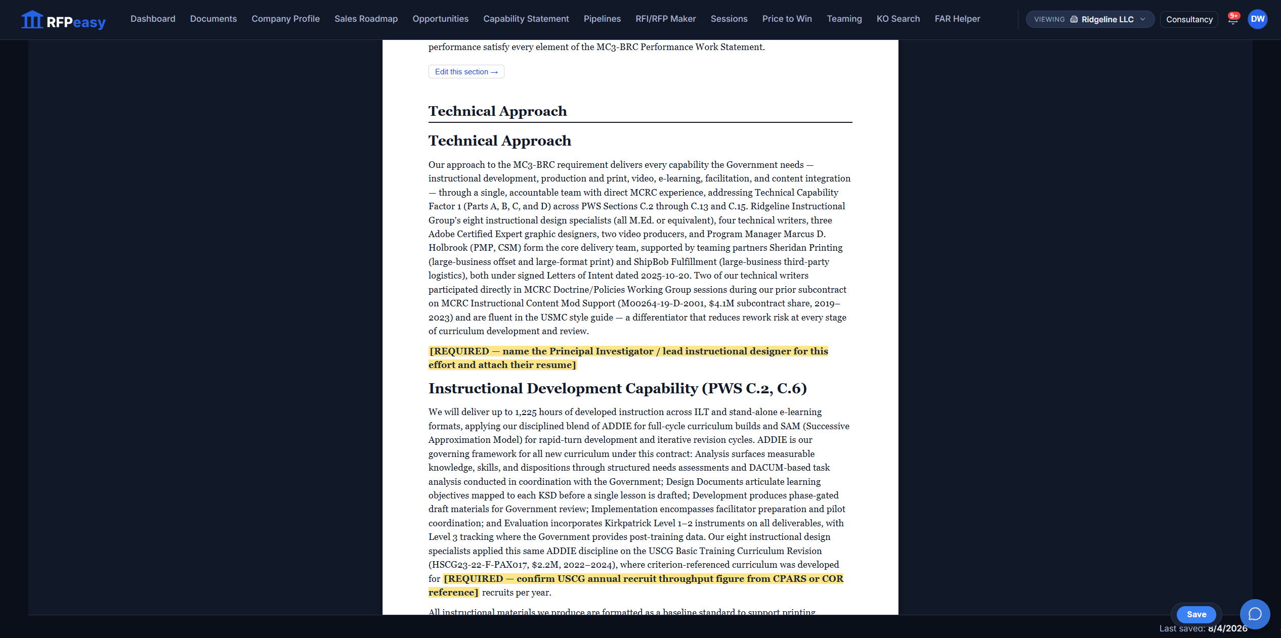The generated proposal rendered as a real document: a drafted Technical Approach with highlighted REQUIRED placeholders where only you can supply the fact