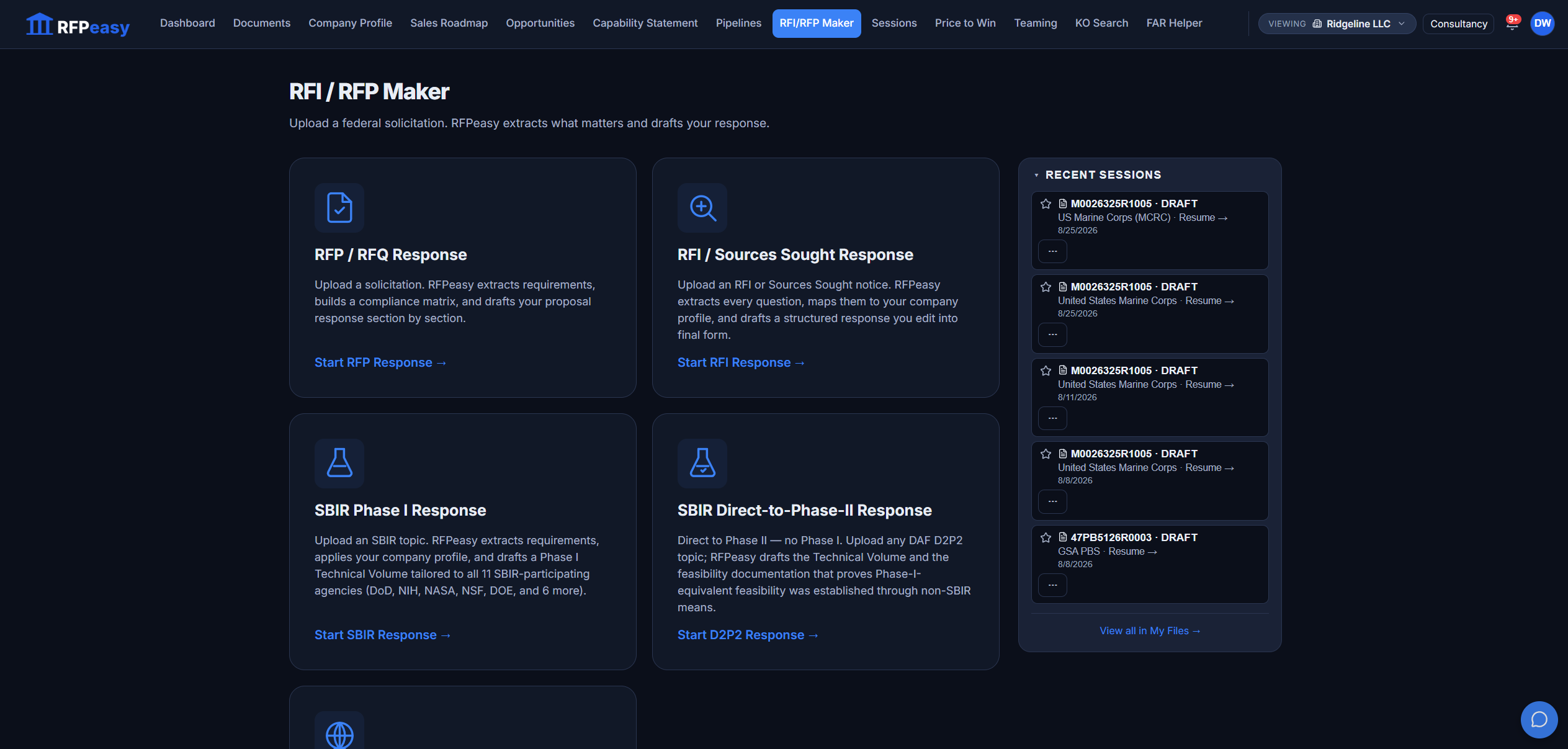 The Maker landing page: four response flows with start actions, beside the recent-sessions rail