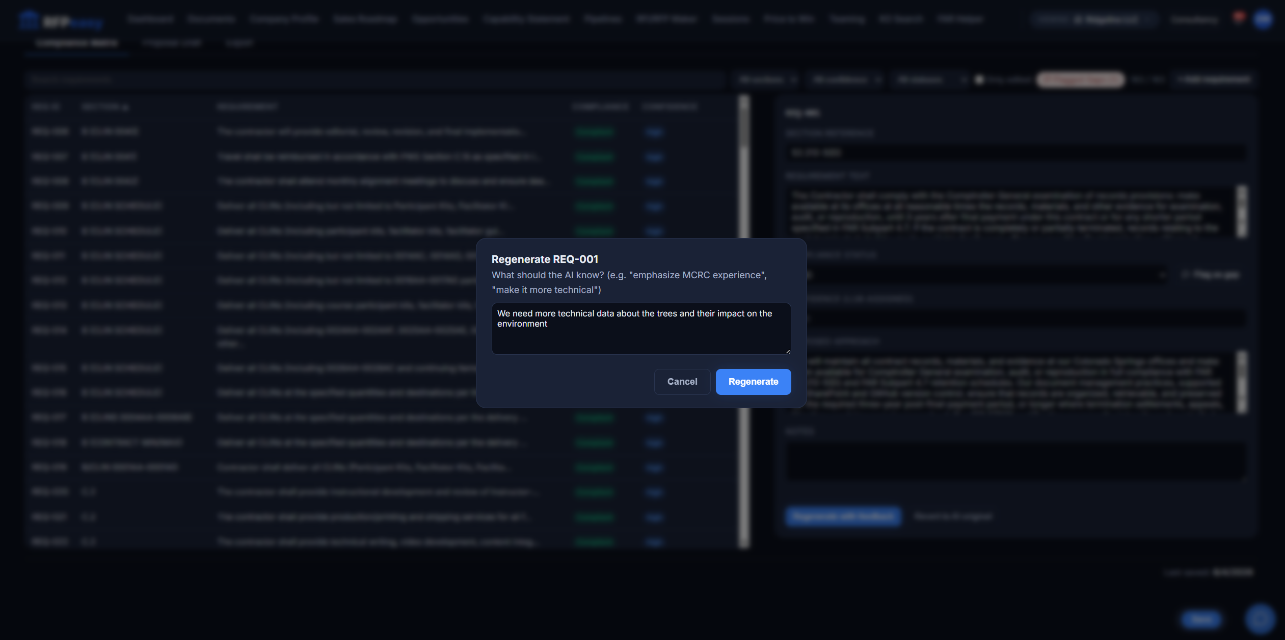 The Regenerate dialog on a single requirement: you tell the AI what it should know and it redrafts just that section