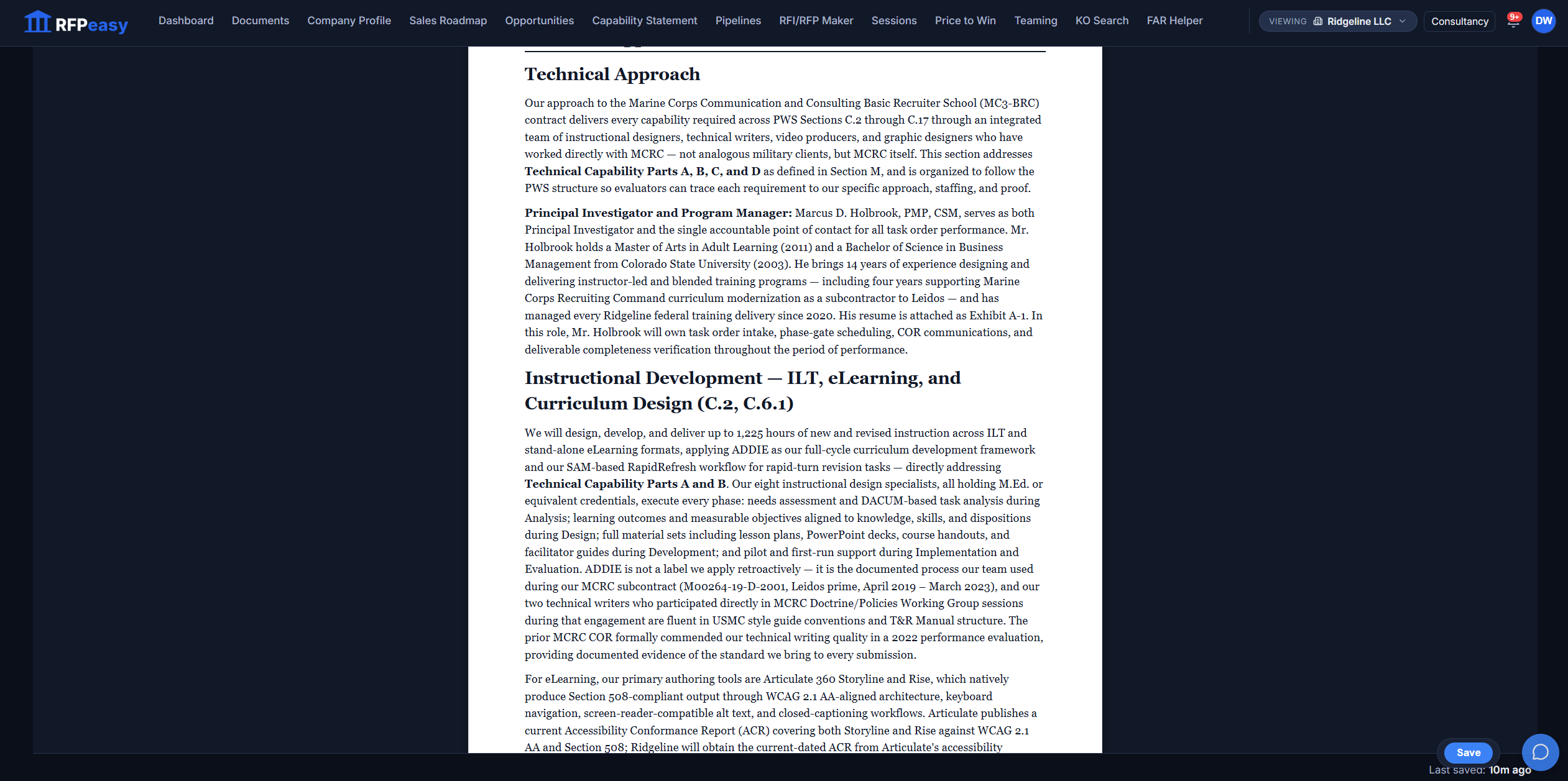 The finished Technical Approach section rendered clean: every required input resolved, ready for review