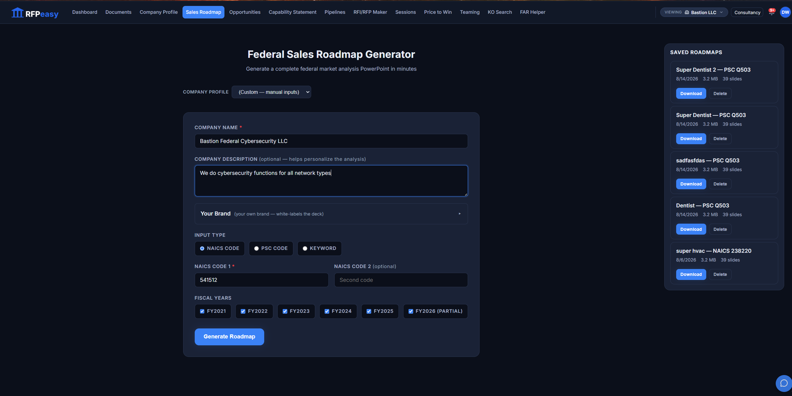 The Sales Roadmap generator: profile or manual inputs, NAICS/PSC/keyword selection, fiscal-year range, a white-label brand field, and the saved-roadmaps sidebar