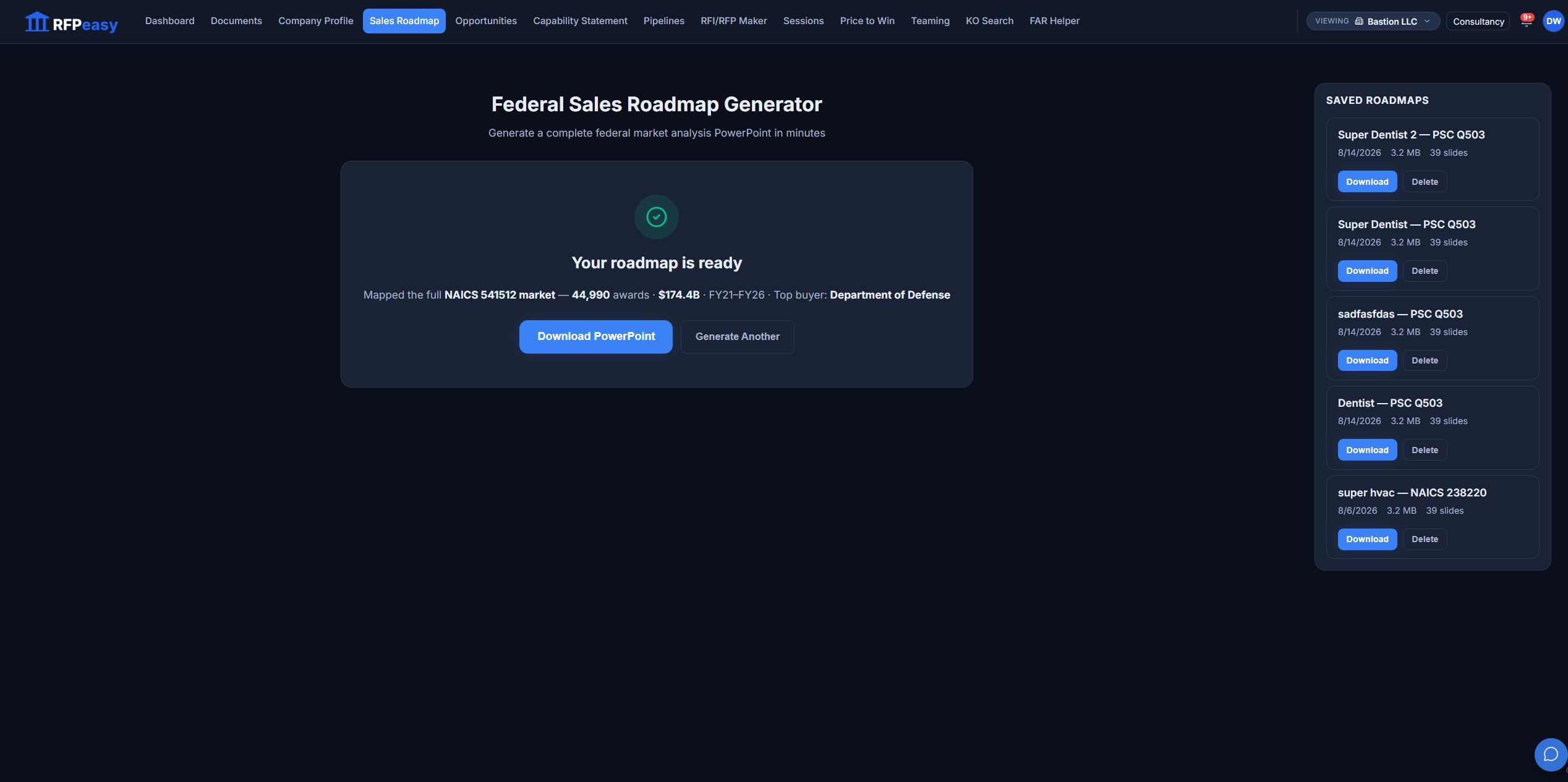 A finished Sales Roadmap: the full NAICS market mapped from 44,990 awards worth $174.4B, the top buyer identified, and the PowerPoint deck ready to download