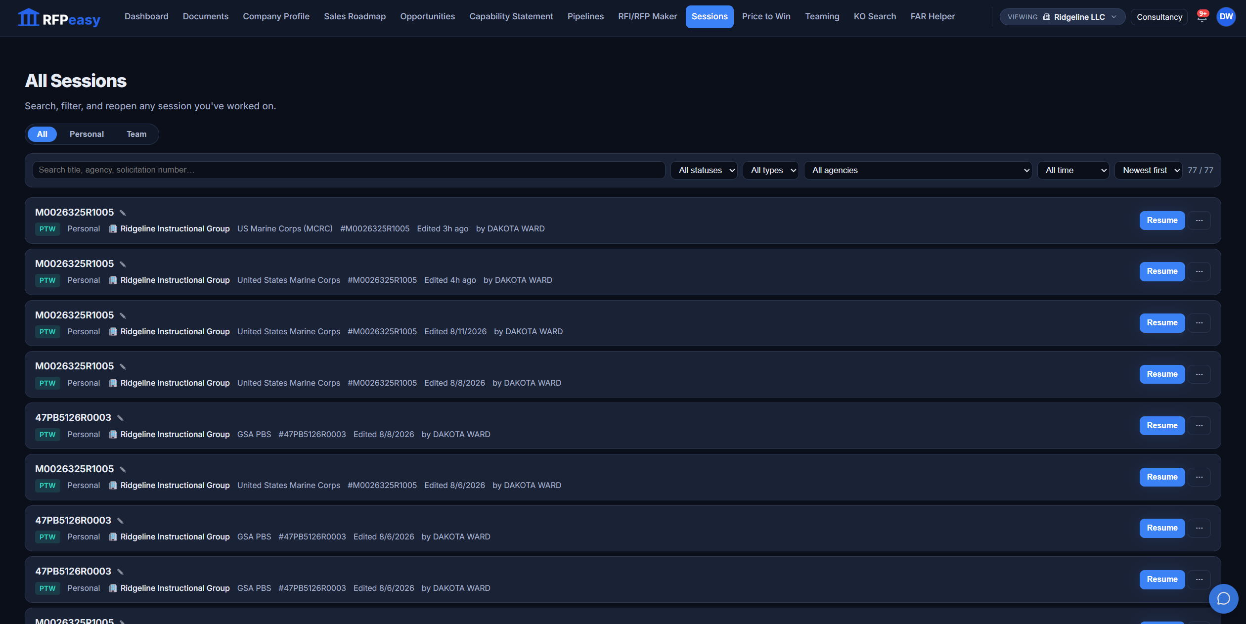 The Sessions filter bar with search, status, type, agency, date, and sort controls plus a result count