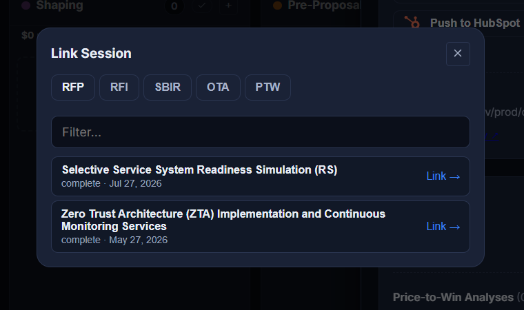 The Link Session modal on a monitored contract: RFP, RFI, SBIR, OTA and PTW sessions filterable, each one click from being attached to the pursuit
