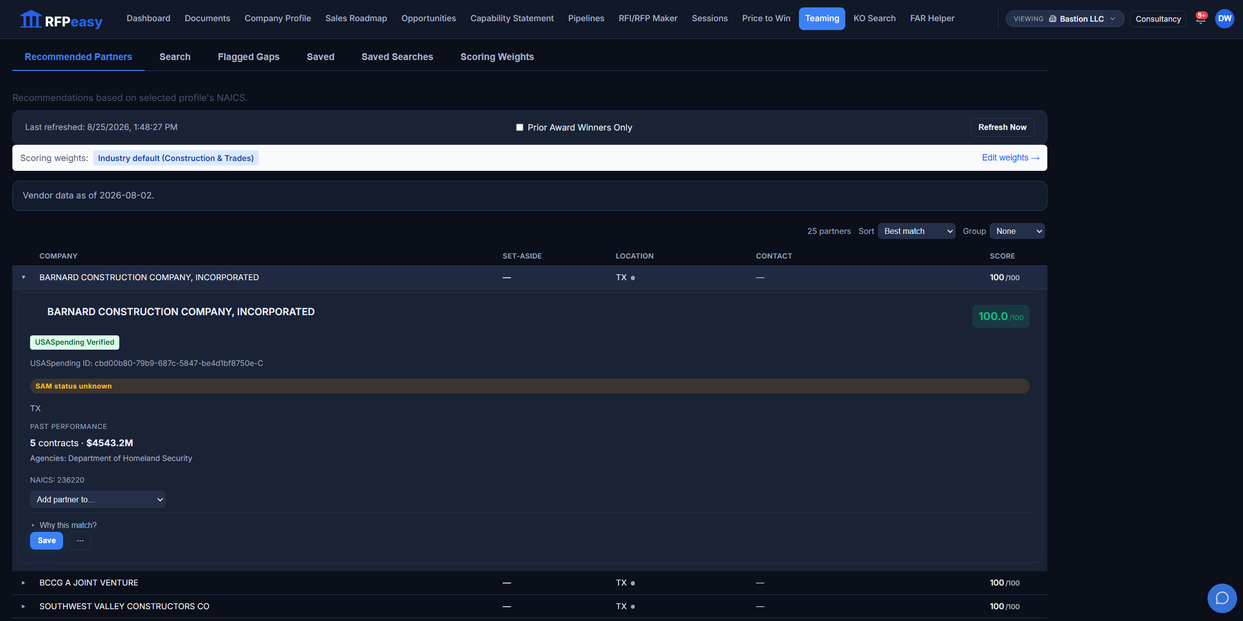 The Recommended Partners tab: a ranked list of scored partners, one expanded to show USASpending-verified past performance, its agencies, a Push to CRM action and the why-this-match explanation