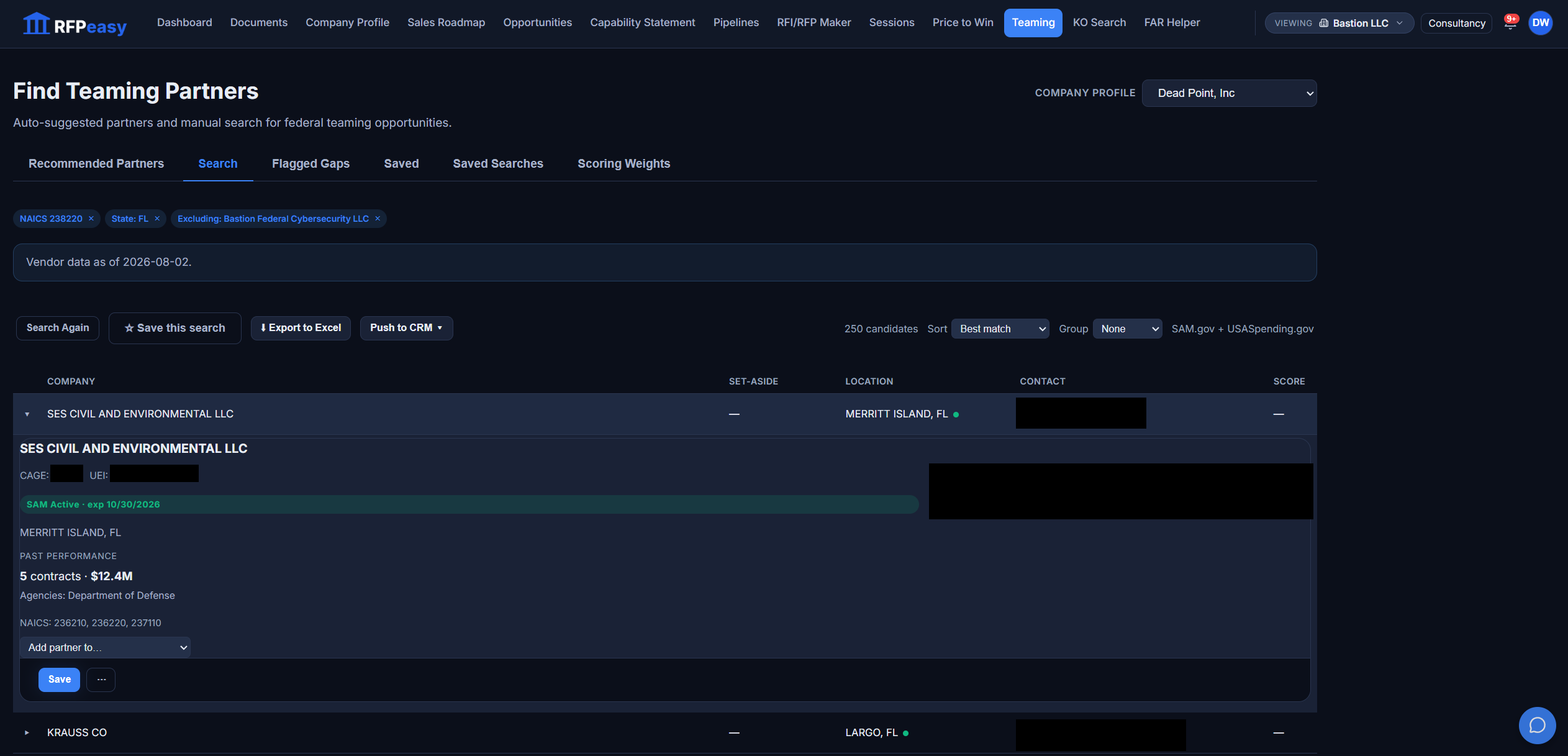 An expanded partner card verifying live SAM registration with its expiration date, documented past performance dollars and agencies, and NAICS codes, with contact details and identifiers redacted