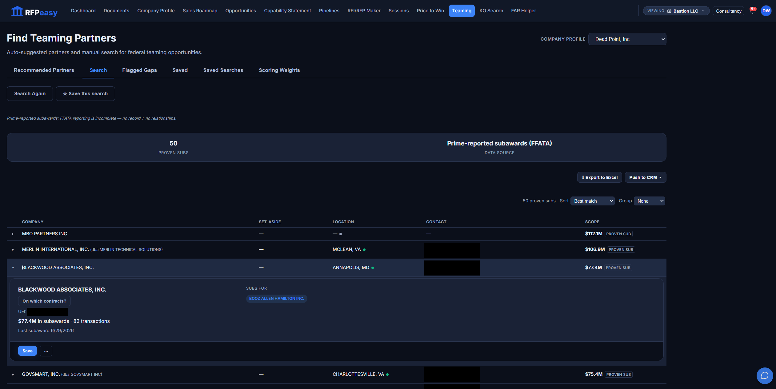 Proven Subs search results built from prime-reported FFATA subawards, showing subaward dollars, transaction counts, last subaward dates and the primes each sub has delivered for, with contact details redacted
