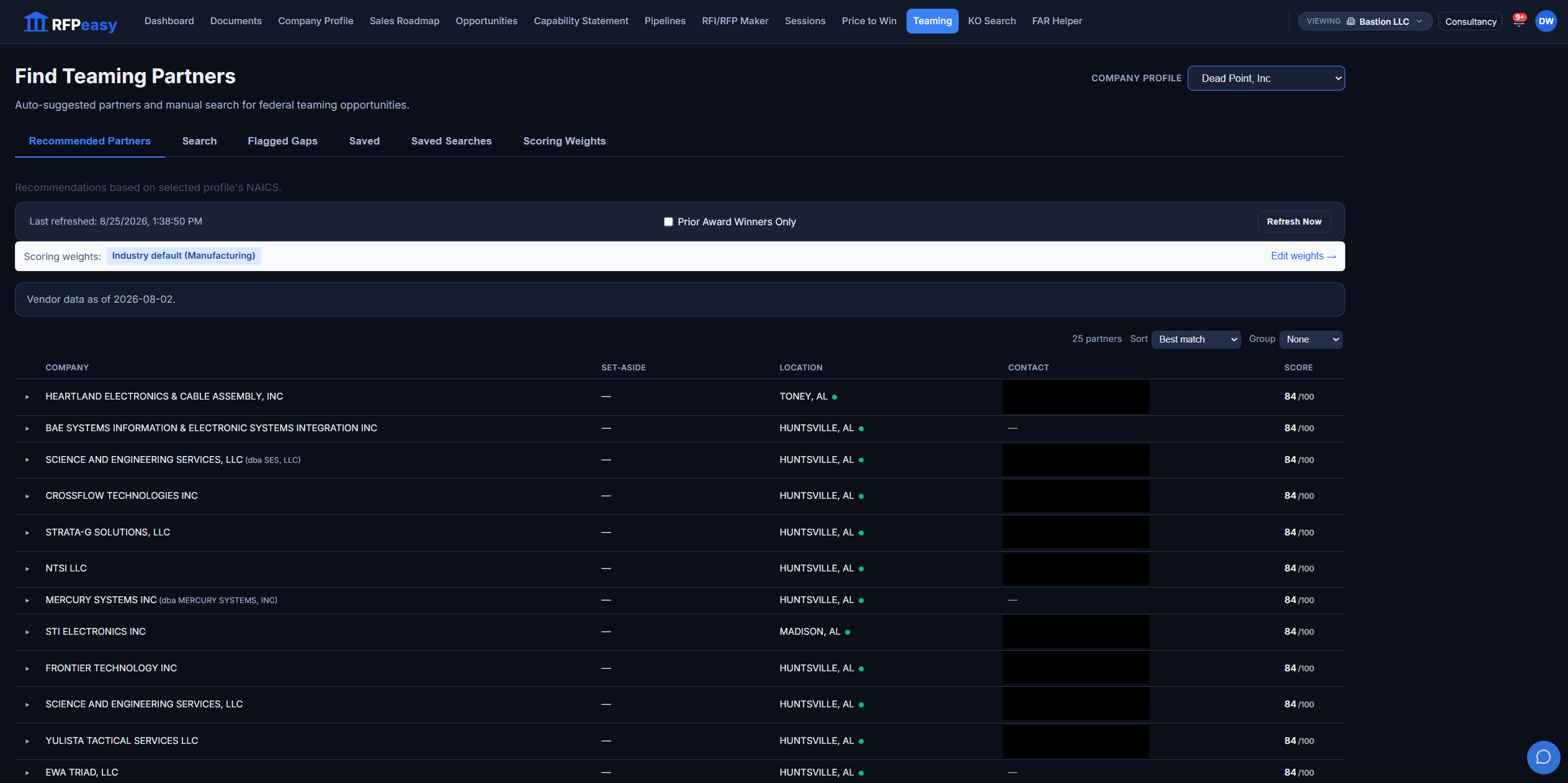A ranked Recommended Partners list with every partner scored out of 100 under industry-default weights, company names, locations and match scores visible, and partner contact details redacted