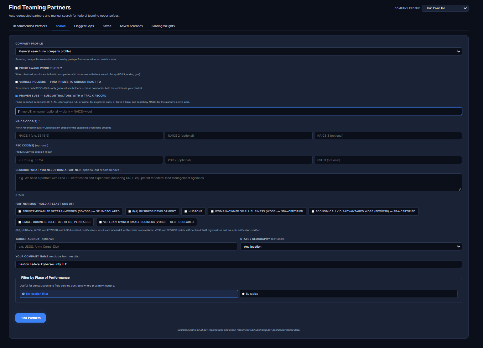 The partner Search form: prior-award-winners, vehicle-holders and proven-subs search modes, NAICS and PSC codes, a plain-language partner description, certification filters labeled SBA-verified or self-declared, target agency, state, and a place-of-performance radius